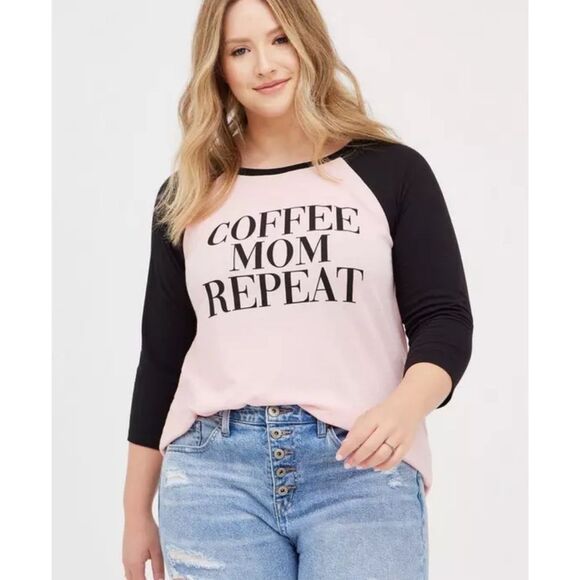 Torrid Women’s Size 4 Pale Blush Classic Fit Raglan Top - Coffee Mom Repeat Tee - Picture 1 of 7